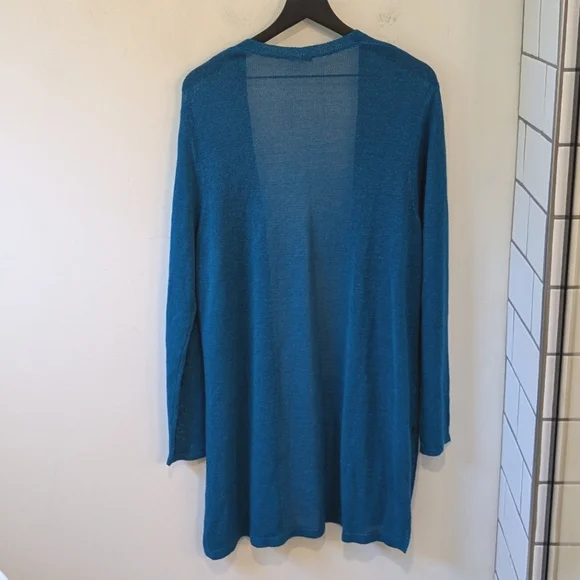 J. Jill Turquoise Linen Blend Long Line Open Cardigan Sweater Coastal Beach - Picture 4 of 7